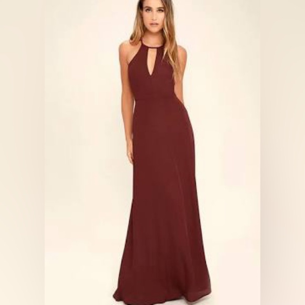 Lulus Burgundy Keyhole Maxi Dress Beauty and Grace Sz S Formal Halter Evening‎